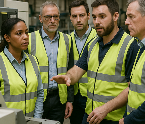 Managers and operators in discussion on a factory shop floor.