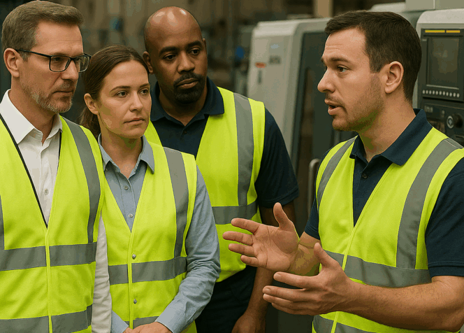 Manufacturing managers and operators dressed in high-vis tabards, talking on the shop floor.