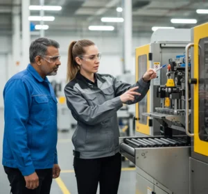 Two people inspecting a machine in a factory