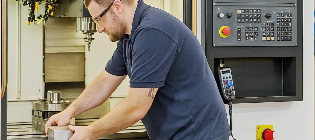 Operator adjusting the tooling in a vertical machine centre CNC machine.