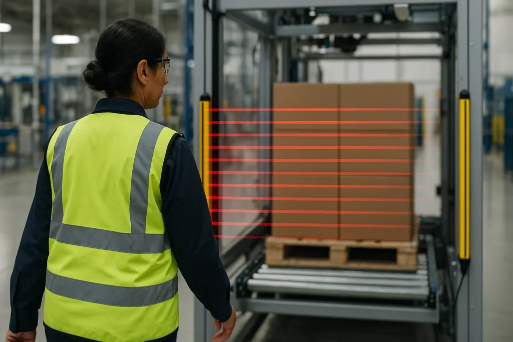 A factory worker wearing a high-visibility vest walks past a conveyor system protected by a safety light curtain, with red beams visible across the pallet entry point