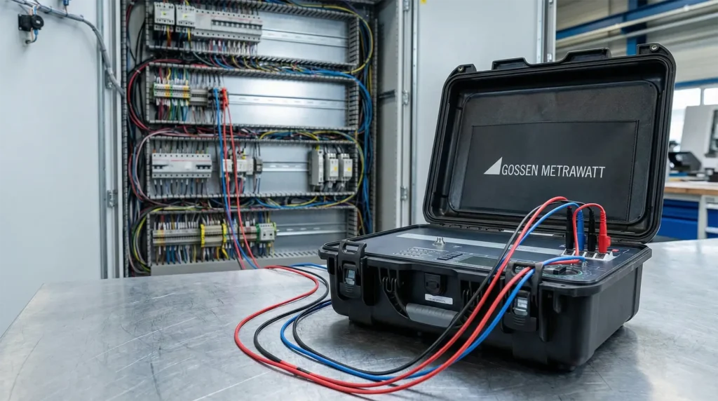 Gossen Metrawatt ProfiTest Prime testing unit with leads connected, sitting in front of an open industrial control panel.