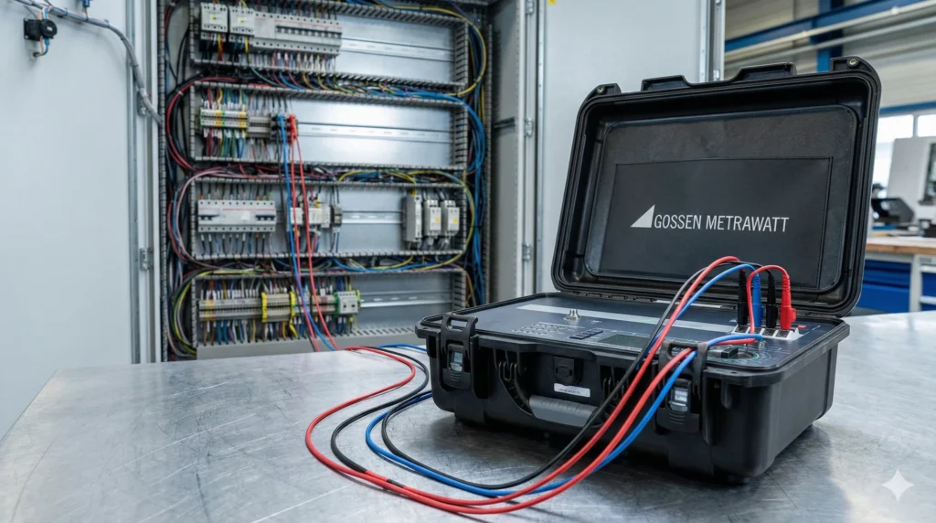 Gossen Metrawatt ProfiTest Prime testing unit with leads connected, sitting in front of an open industrial control panel.