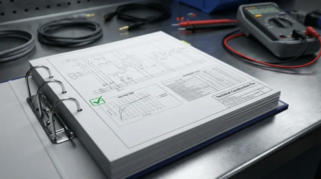 A detailed Technical Construction File on a workbench, showing electrical schematics, test graphs and verification data.