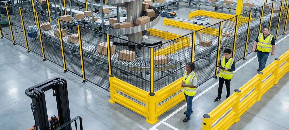 A high-angle view of a complex assembly in an automated fulfilment centre featuring a spiral lift and conveyor systems integrated into a single line.
