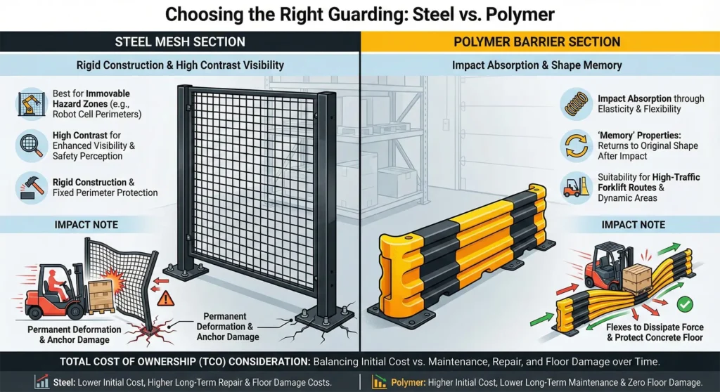 A side-by-side technical infographic titled "Choosing the Right Guarding: Steel vs. Polymer" comparing the mechanical properties and Total Cost of Ownership (TCO) of safety materials.
