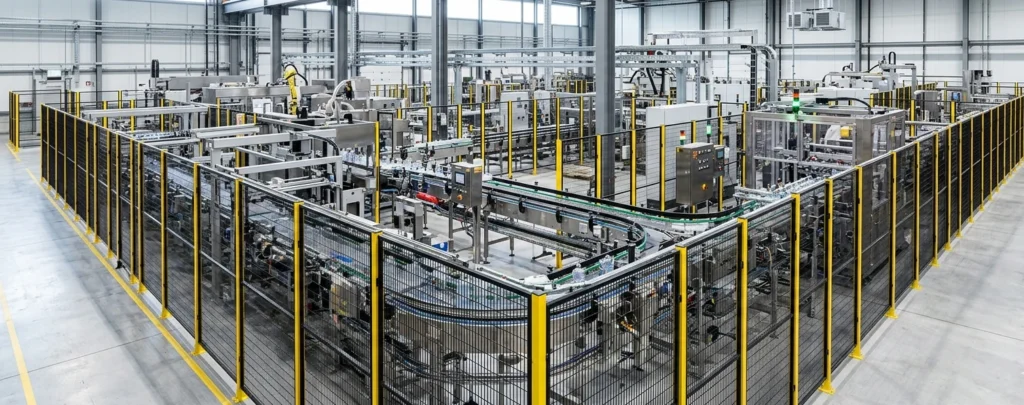 Industrial production line enclosed by black mesh perimeter guarding with yellow posts