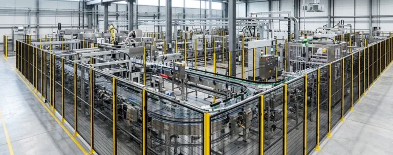 Industrial production line enclosed by black mesh perimeter guarding with yellow posts