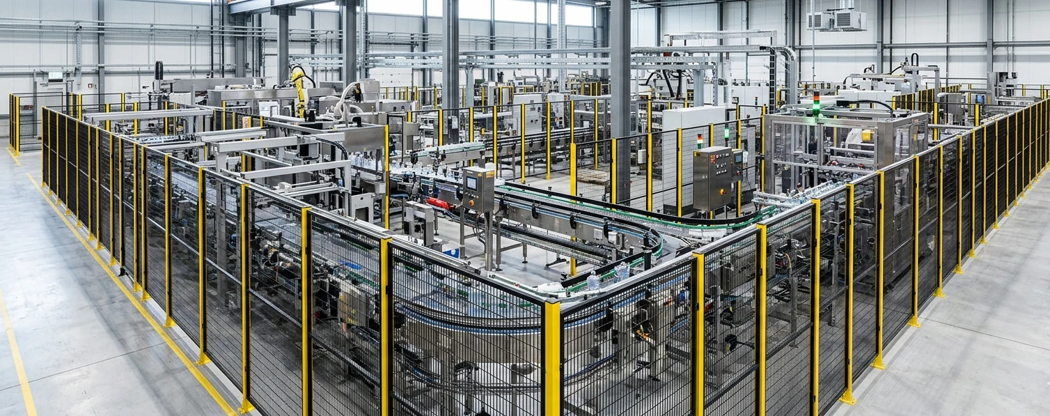 Industrial production line enclosed by black mesh perimeter guarding with yellow posts