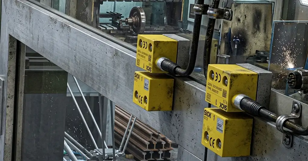 SICK safety sensors installed on steel conveyor as part of EN ISO 13849-1 Performance Level e system