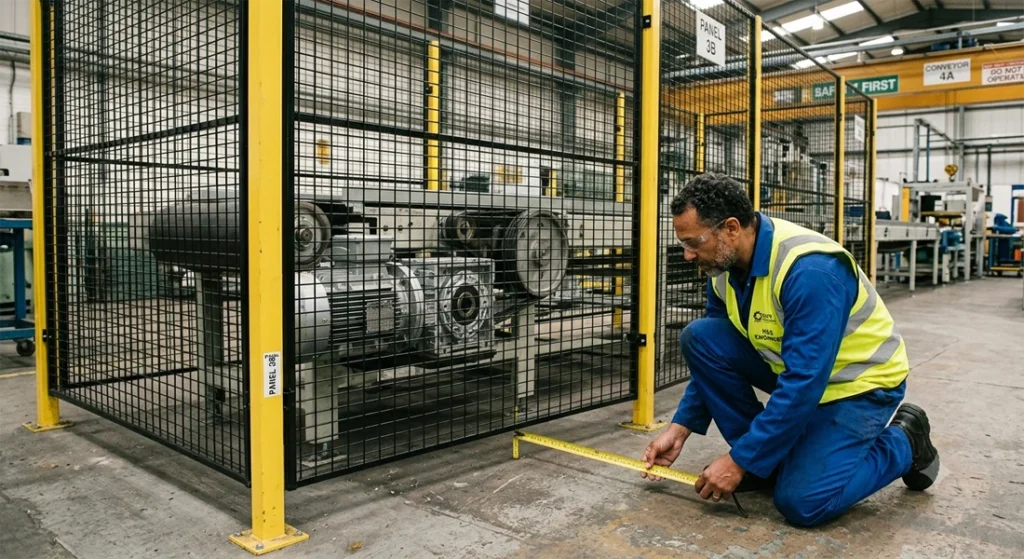 Engineer measuring clearance beneath black mesh conveyor guard with yellow posts