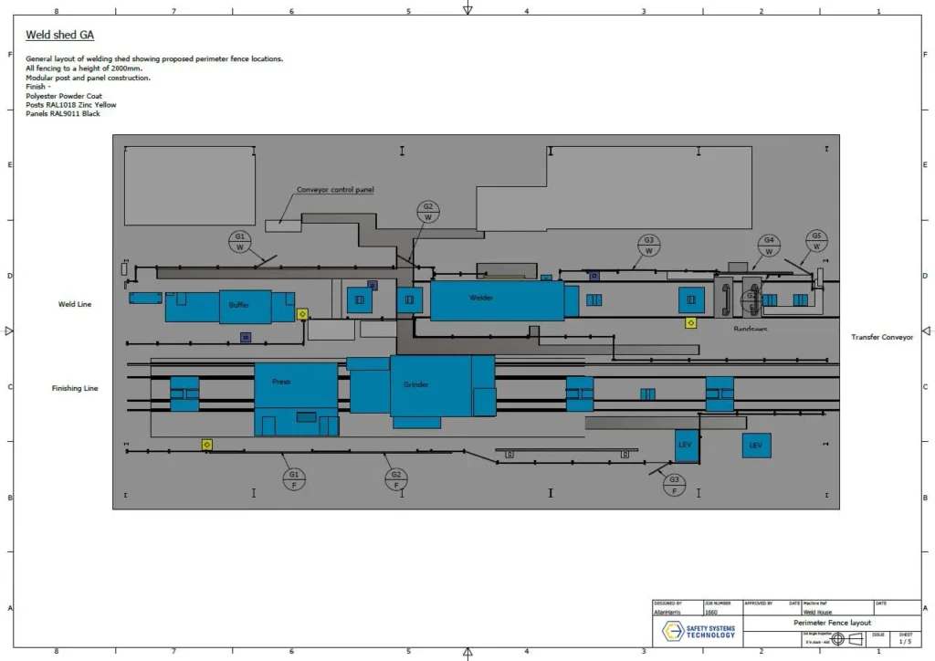 CAD drawing of weld shed layout showing zoned plant-wide emergency stop and integrated safety architecture