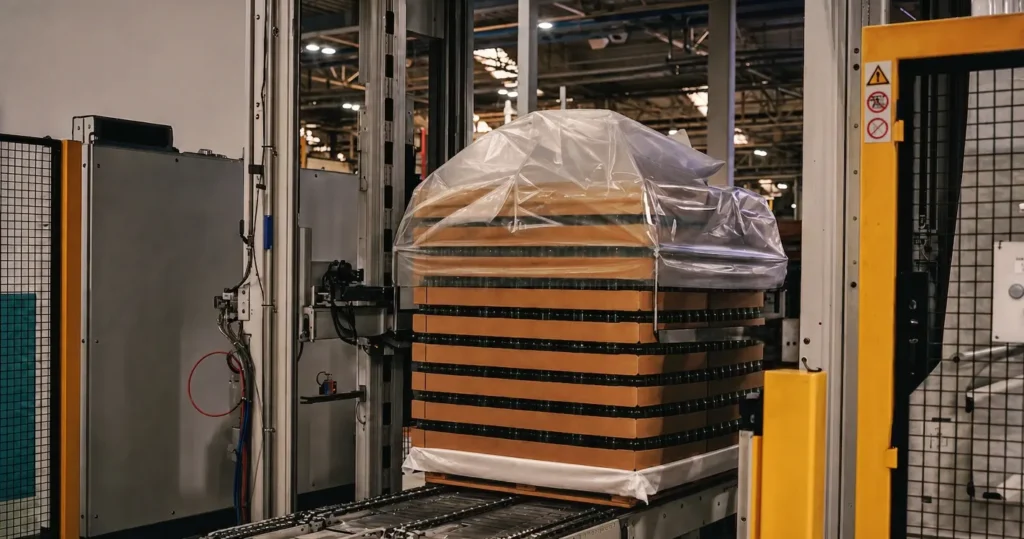 Shrink-wrapped pallet on palletiser with mesh guarding at glass packaging plant