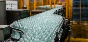Glass bottles on conveyor at UK glass packaging production line