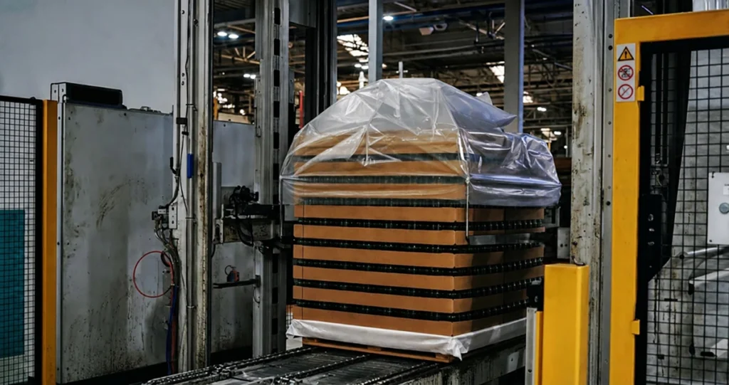 Shrink-wrapped pallet on palletiser with mesh guarding at glass packaging plant